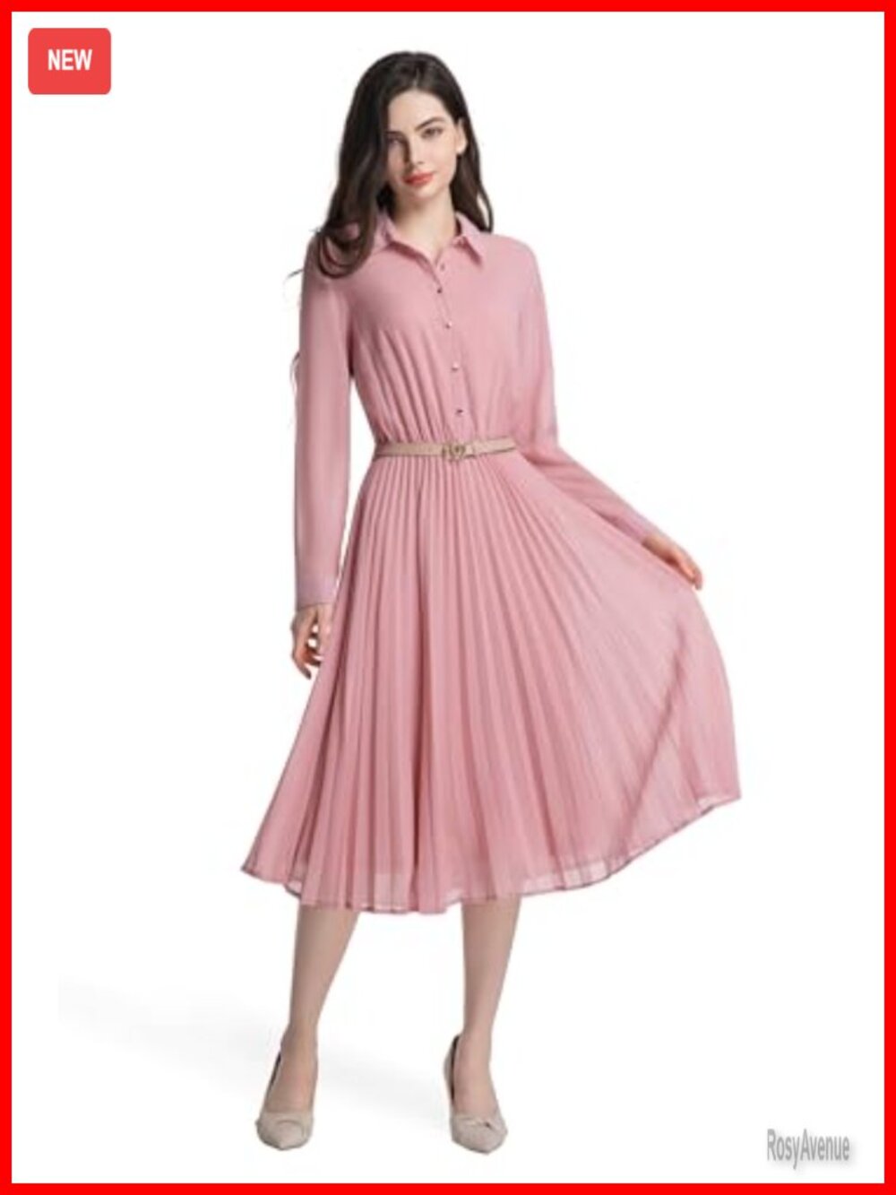 Women's Belted Midi Shirt Dress Long Sleeve Business Casual